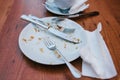 Dirty plate. Empty plate after eating place on wooden table in coffee shop. Royalty Free Stock Photo