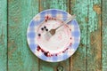 Dirty plate with fresh blueberries left on turquoise background