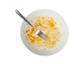 Dirty Plate Isolated, Empty Bowl after Dinner, Finished Lunch, Oil and Smeared Sauce on White Plate Royalty Free Stock Photo