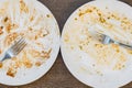 dirty plates after eating. filthy Cutlery. forks on a plate.