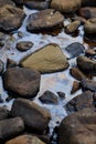 Dirty polluted water with oil stains on the surface industrial dump waste water spill.