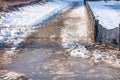 Dirty puddles on the sidewalk spring sunny day Royalty Free Stock Photo