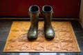 dirty rain boots on a monogrammed door mat Royalty Free Stock Photo