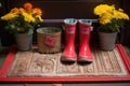 dirty rain boots on a monogrammed door mat