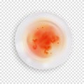 Dirty realistic plate isolated on transparent background, dish with leftovers of food. Top view of unwashed utensil Royalty Free Stock Photo