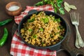 Dirty rice, Cajun cuisine dish, rice with liver, minced pork, aubergine., green pepper and spices in a cast iron skillet on a