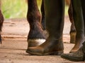 Dirty riding boots and horse hooves.