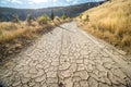 Dirty road with cracked clay and dog`s paw prints