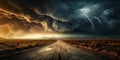 Dirty road in desert during storm, old highway and lightning in sky Royalty Free Stock Photo