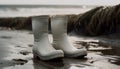 Dirty rubber boots splash through wet mud generated by AI