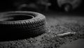 Dirty rubber tire on broken car abandoned in nature generated by AI