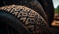 Dirty rubber tire on wet road, speeding car in background generated by AI