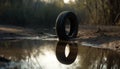 Dirty rubber wheel reflects beauty in nature abandoned forest landscape generated by AI