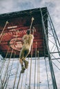 Dirty runner climbing rope in a test of obstacle race