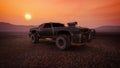 Dirty rusty muscle car in a fantasy future desert wasteland landscape at sunset. Post apocalypse concept 3D rendering