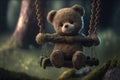 Lonely abandoned old teddy bear on swing with rusty chains Royalty Free Stock Photo