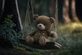 Lonely abandoned old teddy bear on swing with rusty chains Royalty Free Stock Photo