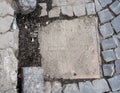 Dirty sewer metal hatch on pavement