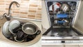 Dirty sink with kitchenware, utensil, dishes. Open dishwasher wi Royalty Free Stock Photo