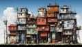 Dirty slum, old rusty building, crowded shack, chaotic construction site generated by AI