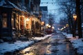Dirty slum in a poor area of the city, snow covered street in the suburbs in winter on New Year\'s Eve, AI Generated