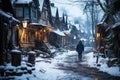 Dirty slum in a poor area of the city, snow covered street in the suburbs in winter on New Year\'s Eve, AI Generated