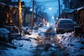 Dirty slum in a poor area of the city, snow covered street in the suburbs in winter on New Year\'s Eve, AI Generated