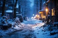 Dirty slum in a poor area of the city, snow covered street in the suburbs in winter on New Year\'s Eve, AI Generated