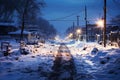 Dirty slum in a poor area of the city, snow covered street in the suburbs in winter on New Year\'s Eve, AI Generated