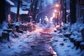 Dirty slum in a poor area of the city, snow covered street in the suburbs in winter on New Year\'s Eve, AI Generated