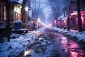 Dirty slum in a poor area of the city, snow covered street in the suburbs in winter on New Year\'s Eve, AI Generated