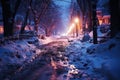 Dirty slum in a poor area of the city, snow covered street in the suburbs in winter on New Year\'s Eve, AI Generated