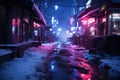 Dirty slum in a poor area of the city, snow covered street in the suburbs in winter on New Year\'s Eve, AI Generated