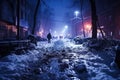 Dirty slum in a poor area of the city, snow covered street in the suburbs in winter on New Year\'s Eve, AI Generated