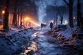 Dirty slum in a poor area of the city, snow covered street in the suburbs in winter on New Year\'s Eve, AI Generated