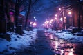 Dirty slum in a poor area of the city, snow covered street in the suburbs in winter on New Year\'s Eve, AI Generated