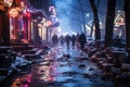 Dirty slum in a poor area of the city, snow covered street in the suburbs in winter on New Year\'s Eve, AI Generated