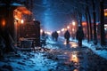 Dirty slum in a poor area of the city, snow covered street in the suburbs in winter on New Year\'s Eve, AI Generated