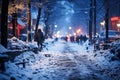 Dirty slum in a poor area of the city, snow covered street in the suburbs in winter on New Year\'s Eve, AI Generated