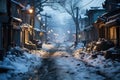 Dirty slum in a poor area of the city, snow covered street in the suburbs in winter on New Year\'s Eve, AI Generated