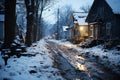 Dirty slum in a poor area of the city, snow covered street in the suburbs in winter on New Year\'s Eve, AI Generated