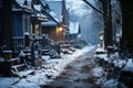 Dirty slum in a poor area of the city, snow covered street in the suburbs in winter on New Year\'s Eve, AI Generated