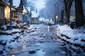 Dirty slum in a poor area of the city, snow covered street in the suburbs in winter on New Year\'s Eve, AI Generated