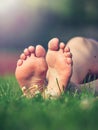 Dirty soles with hard dry skin of bare feet middle aged sporty woman Royalty Free Stock Photo