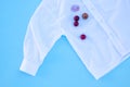 dirty stain of plum on a white shirt. isolated on blue background