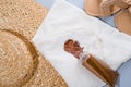 Dirty stain of spilled cream or lotion on white towels. Daily life dirty stain concept. top view. Royalty Free Stock Photo