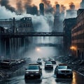 dirty street with cars and buildings in