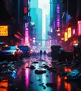 Dirty street of neon futuristic dystopian city with garbage and waste scattered around, generative ai