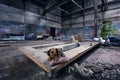 Dirty stuffed dogs, placed on a worn cushion in an abandoned and destroyed Warehouse factory with lots of trash