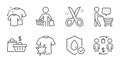 Dirty t-shirt, Buying process and Sale bags icons set. Buyer, Waterproof and Clean t-shirt signs. Vector